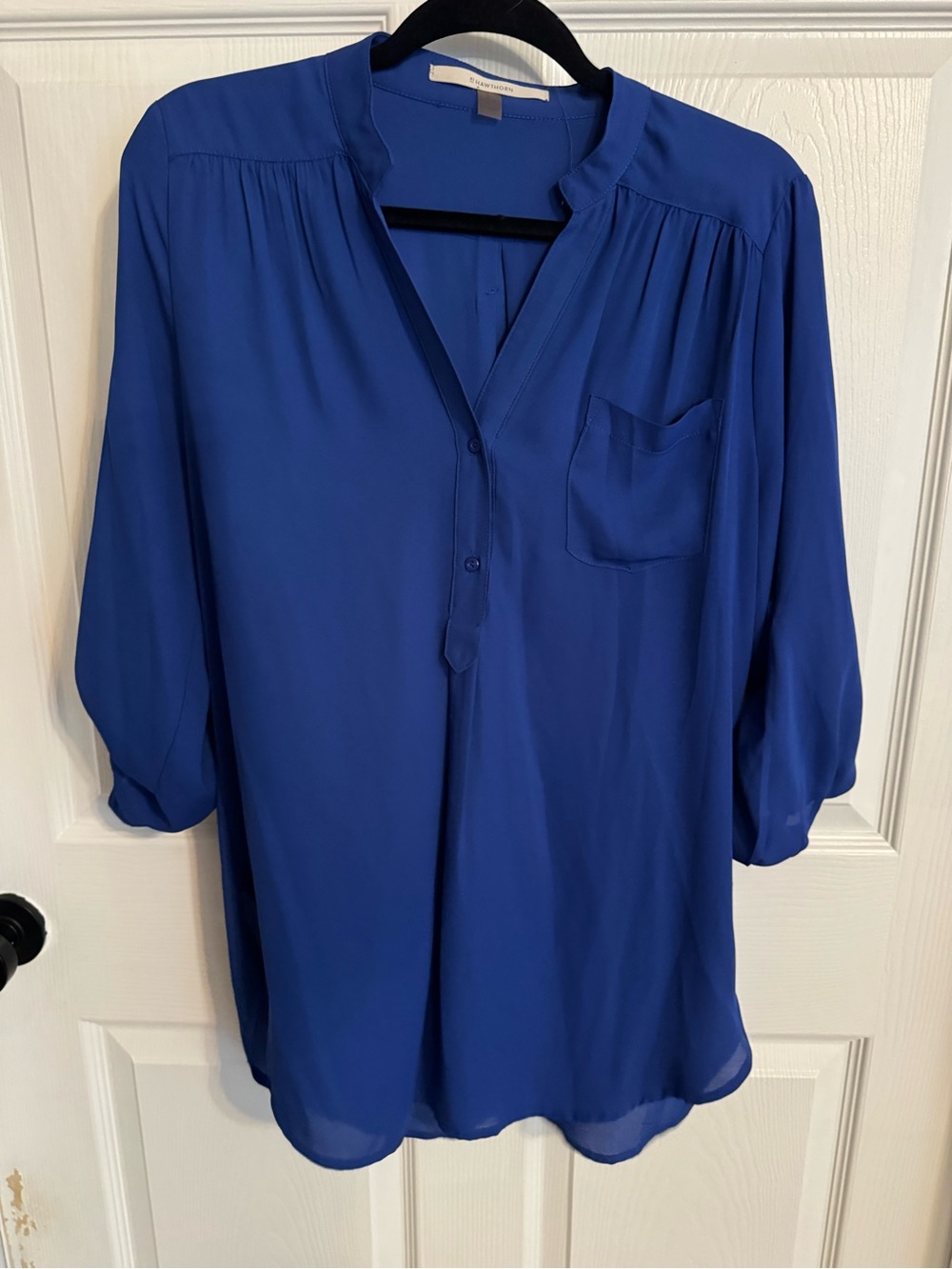 41 Hawthorn Cobalt Blue Chiffon Tunic Blouse L Roll Tab Sleeve Pocket Henley